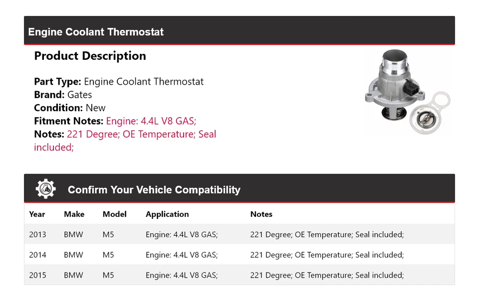For 2013-2015 BMW M5 4.4L V8 GAS Engine Coolant Thermostat Gates 2014 - Image 2 of 4
