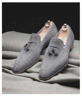 Men Handmade light gray dress shoes, dress moccasin shoe men, suede leather shoe
