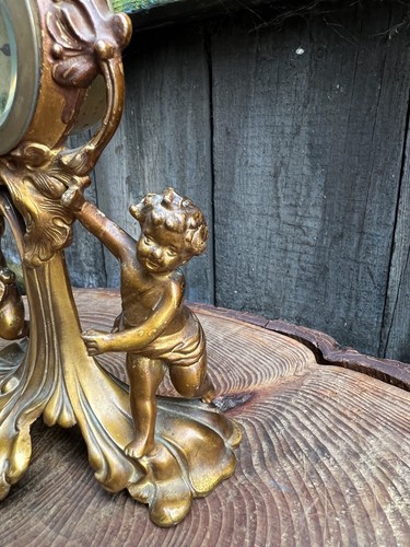 Antique Edwardian bronze cherubs mantel clock by New Haven art nouveau gilt gold - Picture 2 of 10
