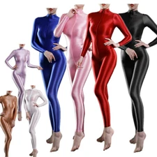 Womens Glossy Bodystocking High Neck Tight Full Bodysuit Smooth Unitard Clubwear
