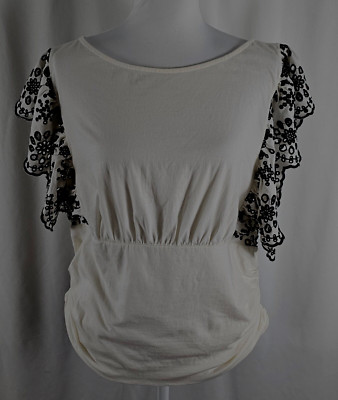New Express Womens Pullover Top Ivory Black Embroidery Cap Sleeves Cotton XL