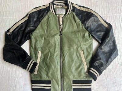 Zara Man Sz M Full Zip Green Faux Leather Bomber Varsity Style Jacket Bird  Lined