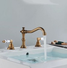 Antique Brass Deck Mounted Widespread Bathroom 3 Holes Faucet Water Taps fan072