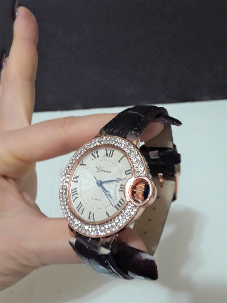 Geneva Faux Leather Band Bracelet Watch Crystal Brown Rose Gold