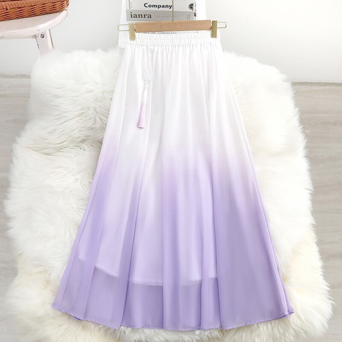 Women Gradient Color Hanfu Midi Skirts Chiffon Elastic Waist Loose Fairy Dress - Picture 16 of 16
