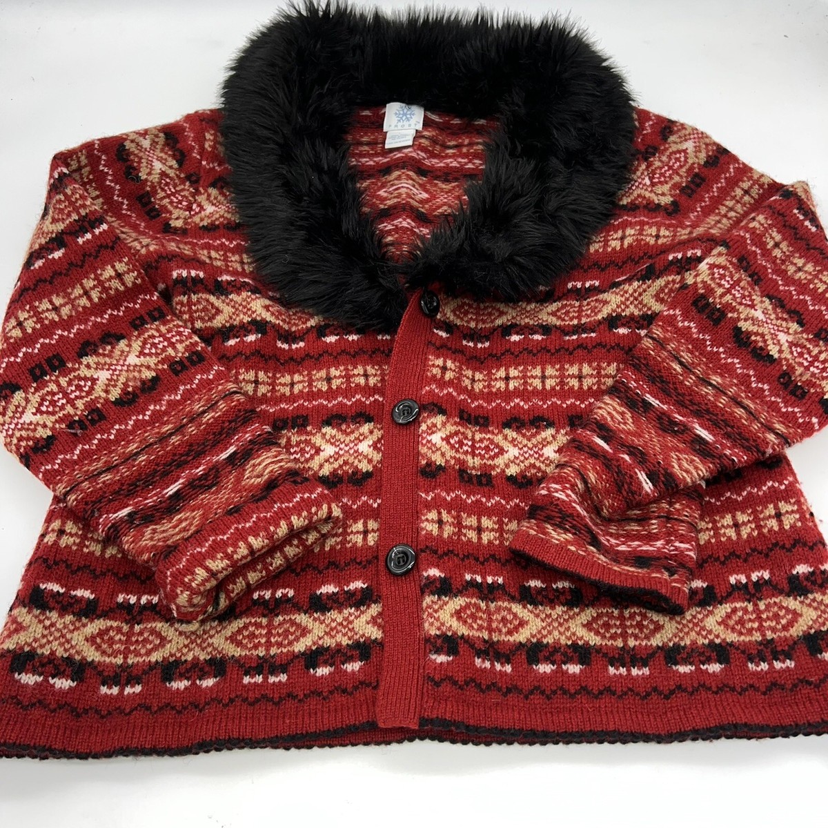 Frost 100% Wool Faux Fur collar winter sweater cardigan size Large