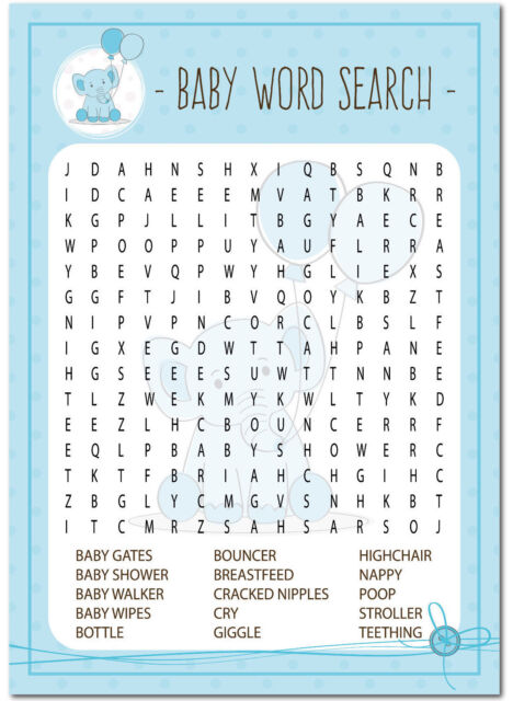 12 x Baby Shower Games WORD SEARCH Boys Blue Elephant party favours