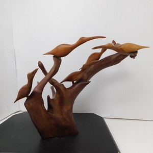 Hand Carved Wooden Birds driftwood Pearched on Branch Limb