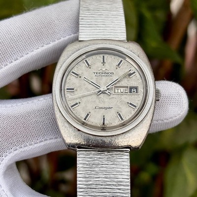 Vintage Technos Cougar Automatic Silver Hammered Case & Dial Swiss