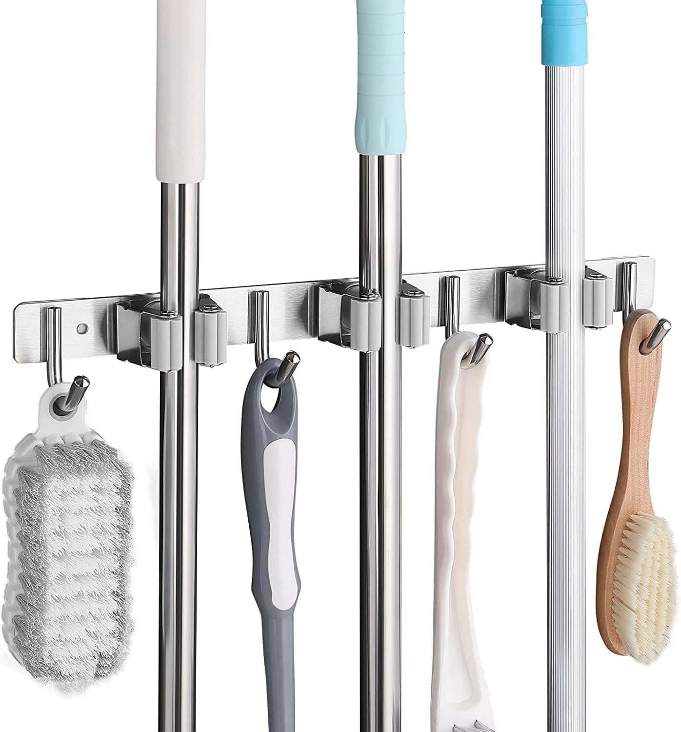 Broom Mop Holder, Stainless Steel Broom Storage with 3 Racks and 4 Hooks, Wall