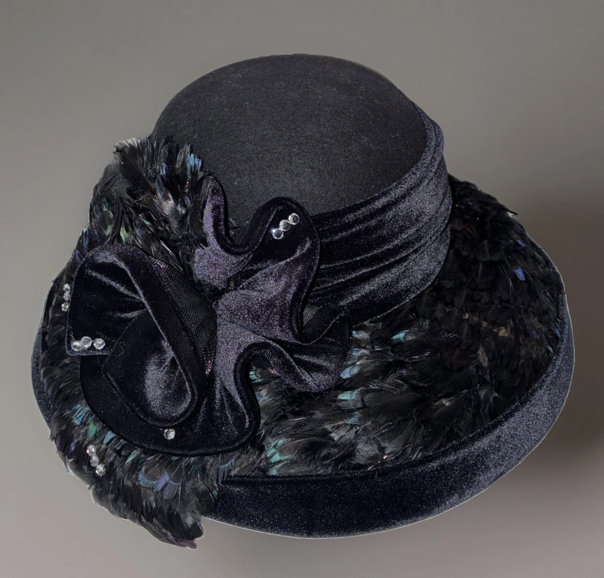 Vintage Summer Tompkins Black Wool Cloche Hat with Grosgrain Band Black Wool Felt Cloche Hat: 1920s Flapper Style With  main image 2