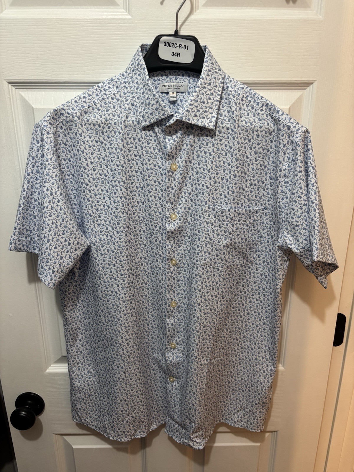Peter Millar Short Sleeve Button Down Shirt Mens Medium White Crown Print EUC