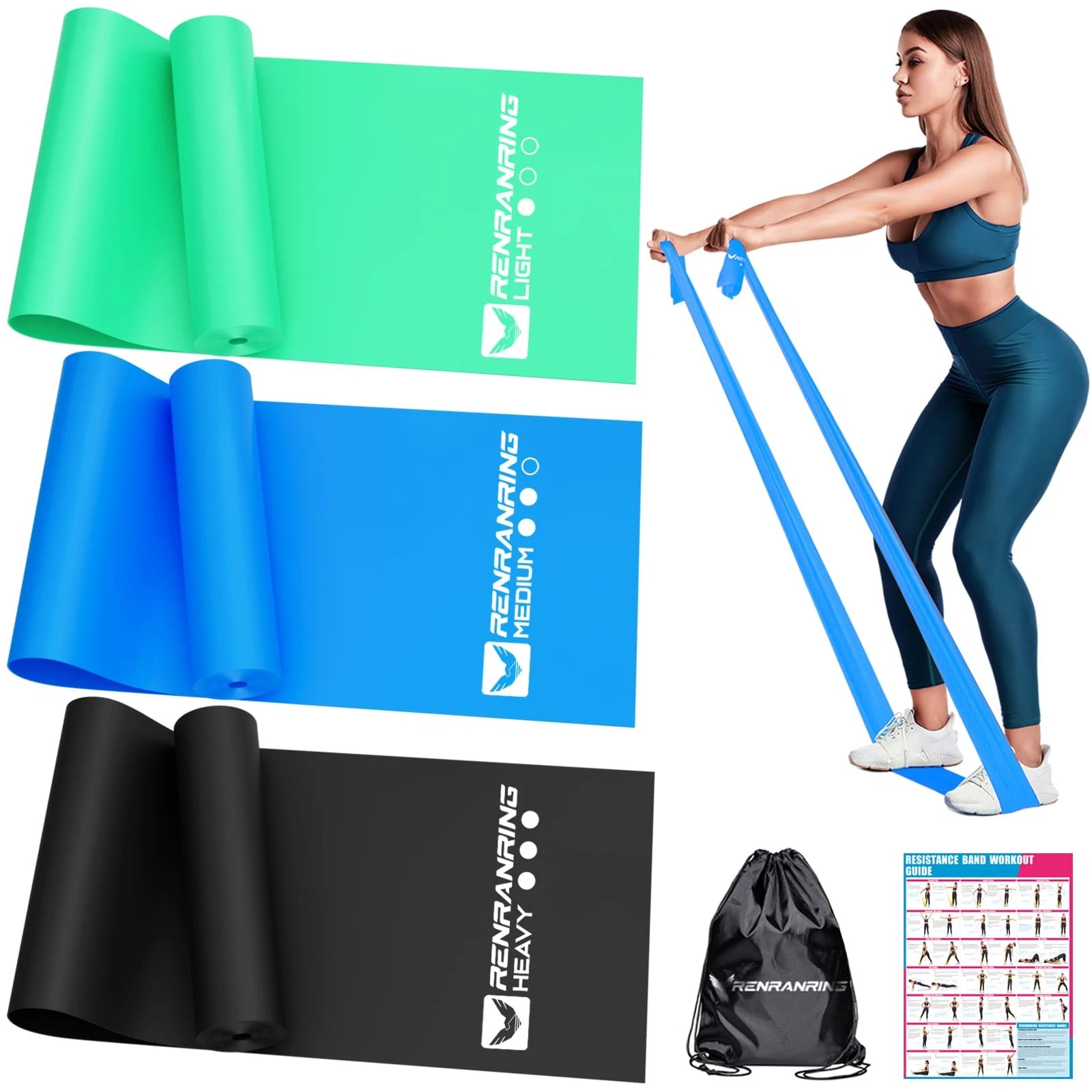 Resistance Bands 3 Color Levels 7.3-20.3 lbs - Stretch, Therapy, Pilates
