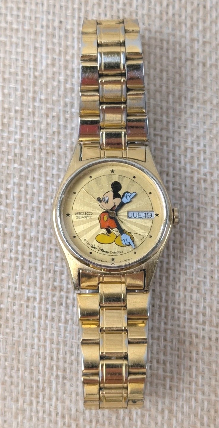 Seiko Disney Mickey Mouse Watch - Gold w Sunburst -New Battery
