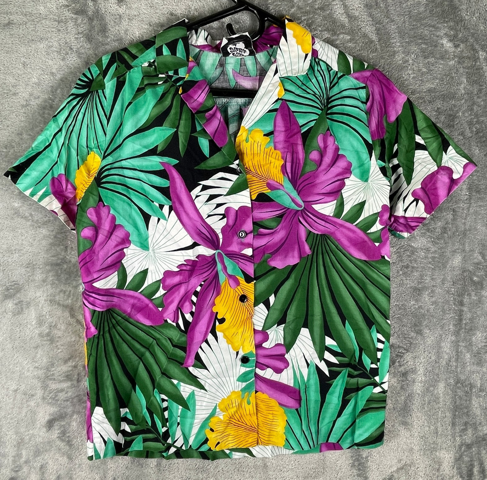 Vintage Hilo Hattie Shirt Womens Small Pink Green Hawaiian Floral Leaf Button Up