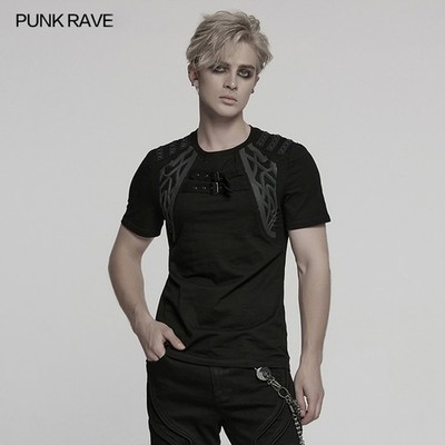 トップス Punk Rave Men Black Gothic Cyber Punk Knitted Short Sleeve T-Shirt