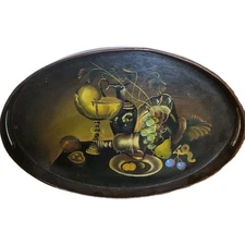 Antique French Country Wood Oval Tray Toleware Late 1800’s