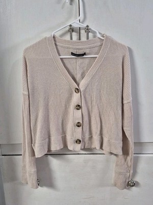 Abercrombie & Fitch Tan Cropped Cardigan Button Up Sweater Rib Knit Size Small 