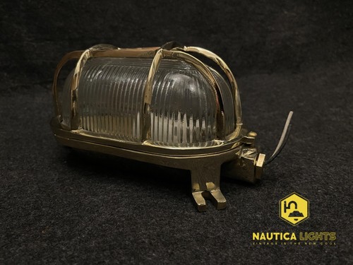 Vintage Brass Bulkhead Wall Light Fixture Nautical Oval Cage Lamp Indoor - Picture 4 of 6