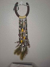 Rustic Horseshoe Bead Feather Wall Hang