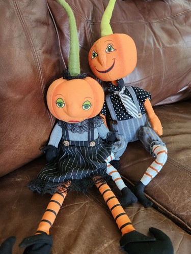 Halloween Primitive Vintage Style Pumpkin Head Boy Girl Doll Shelf Sitter Decor - Picture 8 of 8