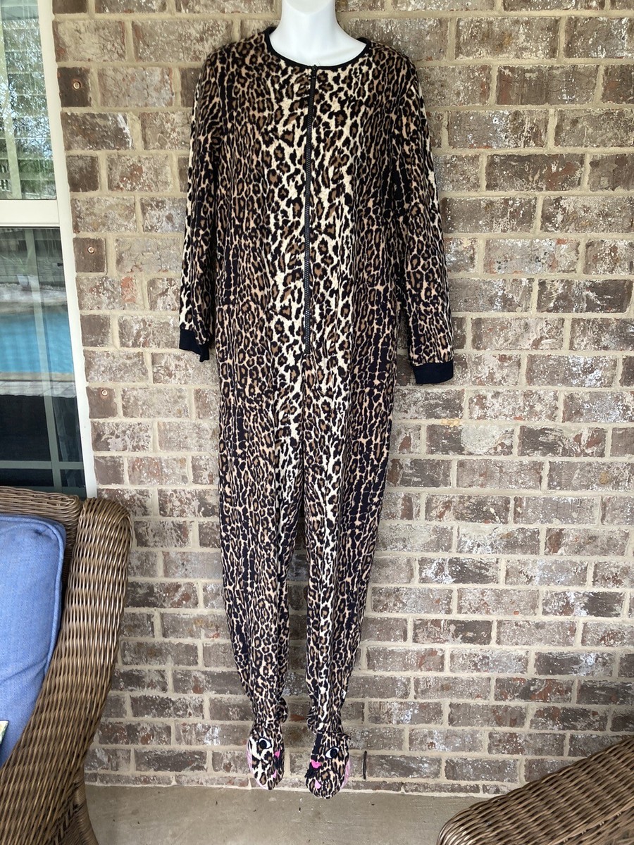 Nick Nora Fleece Leopard Zip Up Adult One Piece Footie Pajamas