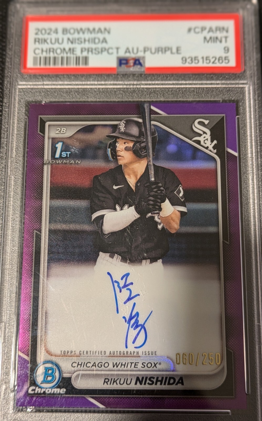 2024 Bowman Chrome Prospect Purple Autograph Rikuu Nishida PSA 9 #CPA-RN, 60/250