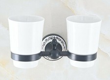 Black Oil Rubbed Brass Wall Mount Bathroom Toothbrush Holder w/ Two Ceramic Cups