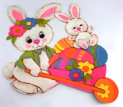 Easter Bunny Wheelbarrow Cart Die Cut Wall Window Decor Glows 13 x 10'' Vtg
