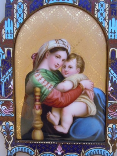Benitier emaux cloisonne miniature Vierge Enfant Jesus Madone 19ème - Bild 6 von 12