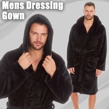 Mens Black Dressig Gown Luxury Bath Robe Hooded with Pockets Fleece M L XL XXL