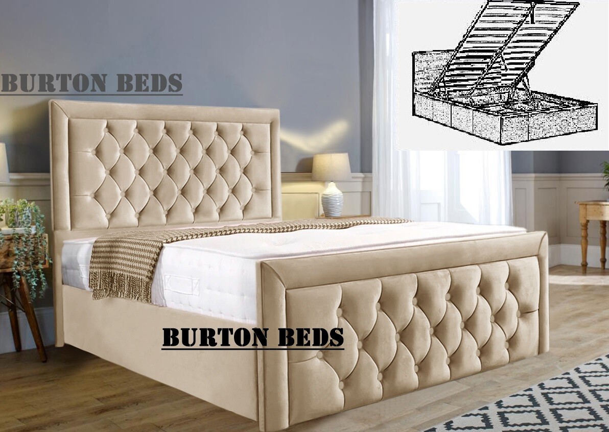 Plush Velvet Cambridge Storage Bed, Ottoman Gas Lift Bed Frame, Ottoman