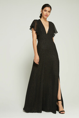 JILL Stuart Black Gold Metallic Textured Polka Dots Flocked Slit Maxi Gown  10 US