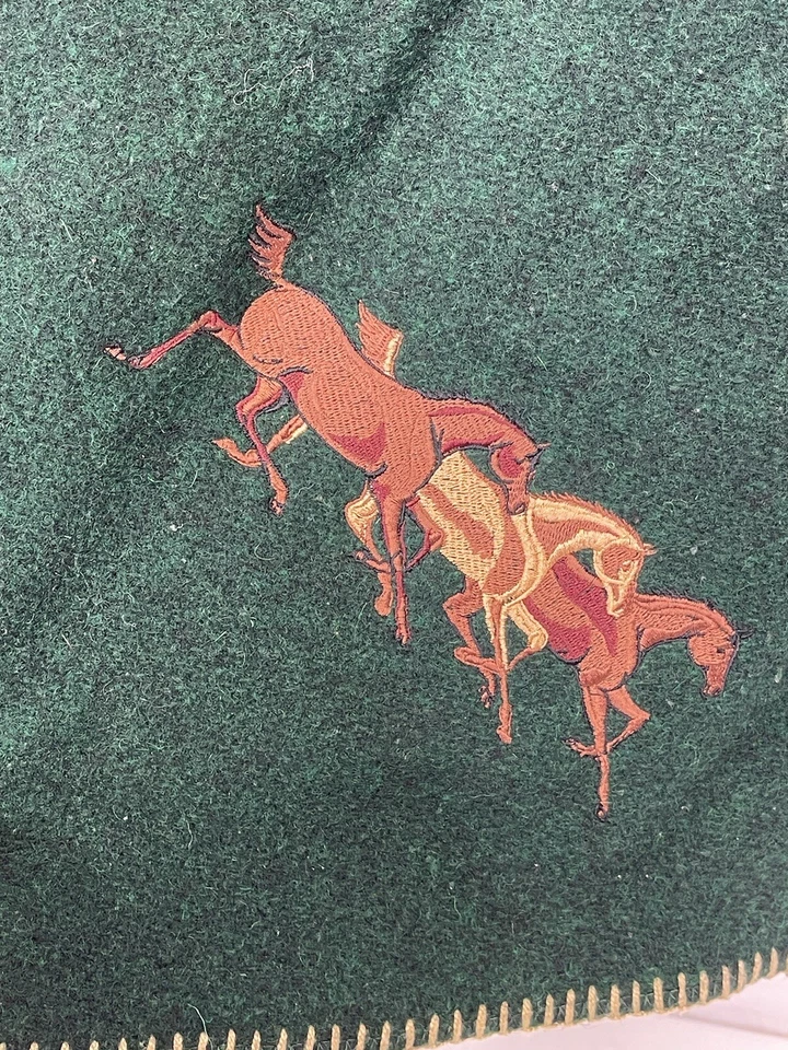 Woolrich Blanket Deep Green Wool Throw Embroidered Brown Tan Horses 62 X 40 USA - Image 2 of 4