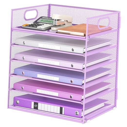 6 Tiers Letter Tray Paper Organizer with Handle, Mesh Desk File 6 Tier - Purple-image
