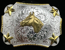 Western Belt Buckle, Nocona, Rectangular, Silver Floral Design , Horsehead Motif