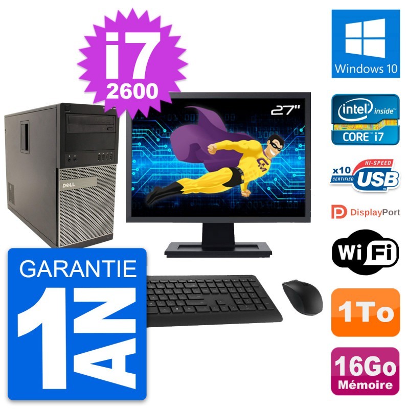 PC Tour Dell 790 MT Ecran 27" Intel i7-2600 RAM 16Go Disque 1To Windows 10 Wifi