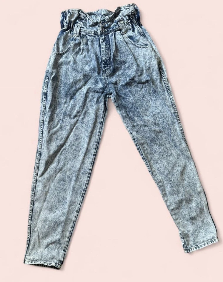 Винтажные джинсы 80-х кислотная стирка - дорожные с высокой талией сужающиеся штанины гранж джинсовая ткань - Изображение 4 из 4