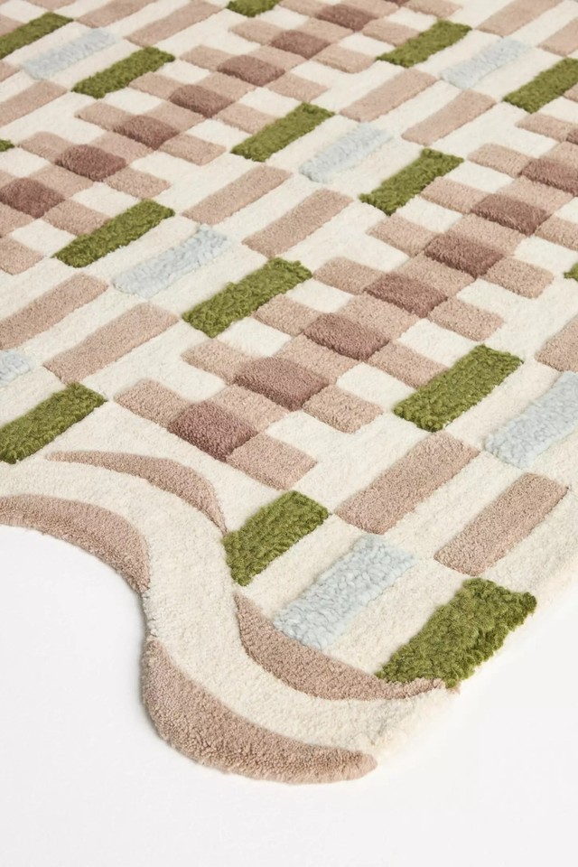 Hand Tufted Wool Scalloped Edge Geometric Checkered Area Rug Pink Brown ...