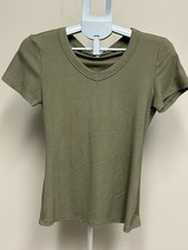 Women s Green Solid Knit Short Sleeve V-Neck Pullover T-Shirt Size M