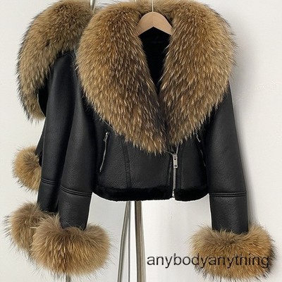 Thickened Warm Real Fox Fur Collar Zipper Short Jacket Women Biker Coats Outwear