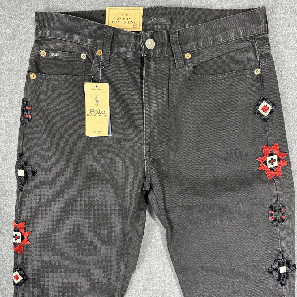 Polo Ralph Lauren 牛仔裤女式 26 绳染色 Avery 男友黑色串珠阿兹特克 — 第 3/4 张图片