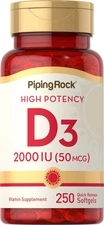 Vitamin D3 2000 IU Softgels | 250 Count | Non-GMO | by Piping Rock