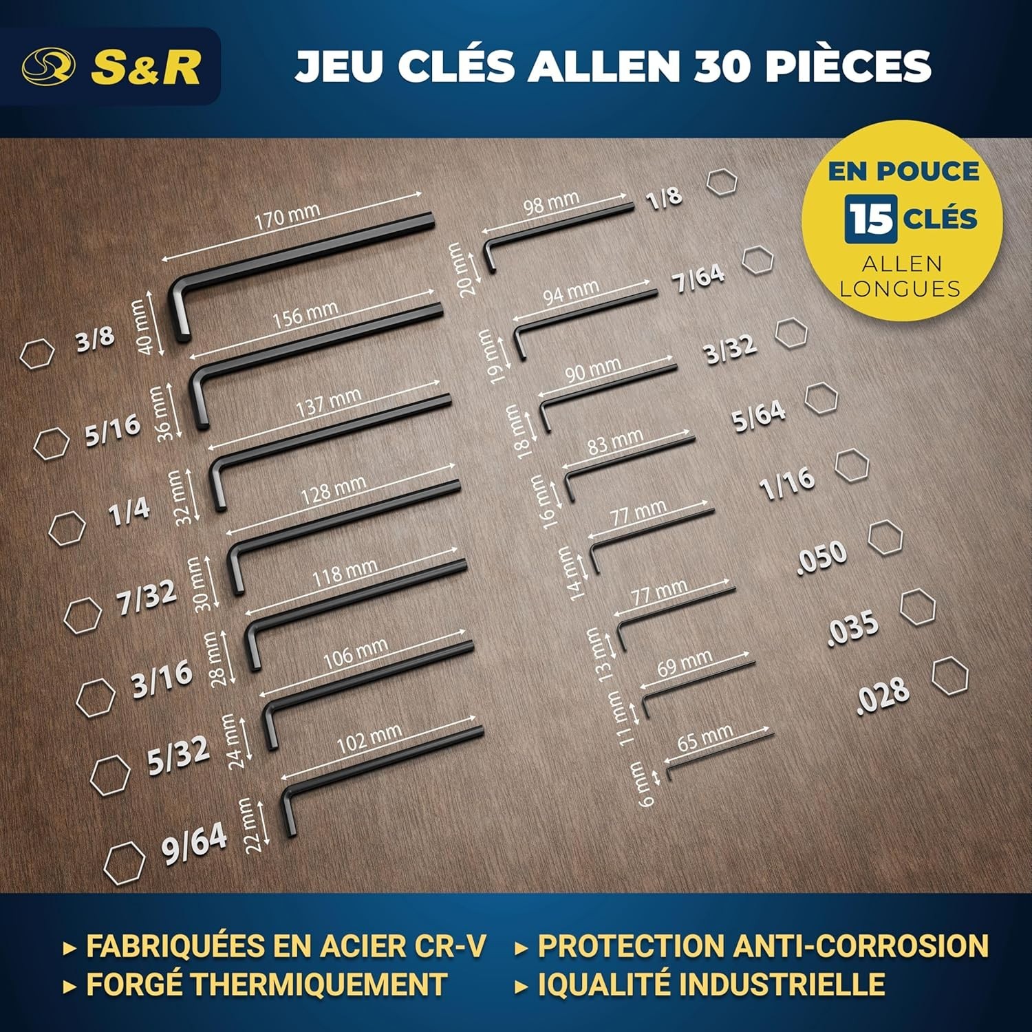 Clés Allen S&R jeu de clés mâles hexagonales coudées 30 pièces