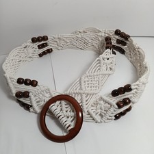 Macrame Hand Woven Belt White with Wooden Beads 70s Bohemian Style 38 x2
