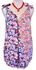 GiGio  Women’s Pink Blue Tie Shoulder Tunic w/Elastic Bottom Floral V-Neck M