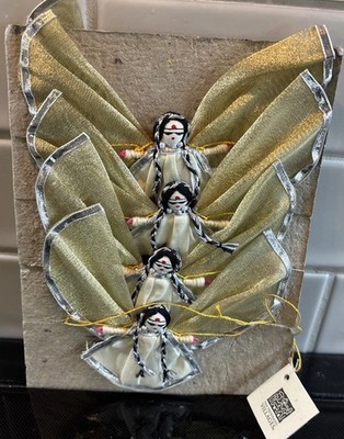 Ten Thousand Villages Handmade Fabric Angel Garland 8 Angels On Gold Cord NOS