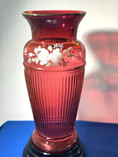 FENTON ART GLASS CRANBERRY RUBY RED RIBBED HAND PAINTED SIGNED 10" VASE mint 