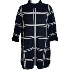 Baci Women Black Grey Windowpane Plaid Mock Neck Knit Tunic Dress Pockets