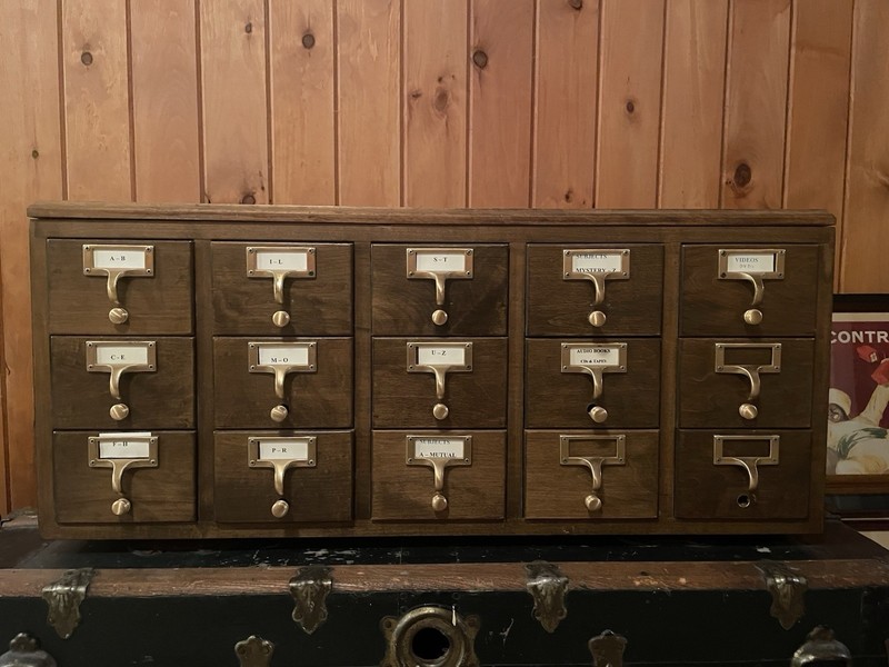 Wood & Brass Card Catalog Cabinet 15-Drawer Mid-Century Modern Stained